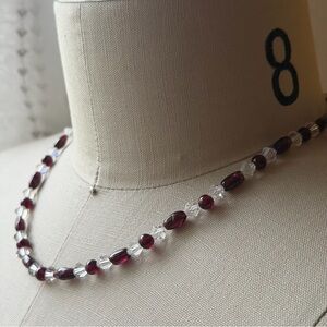 Vintage | Red Garnet Barrel and Clear Glass Crystal Beaded Choker 16" Necklace